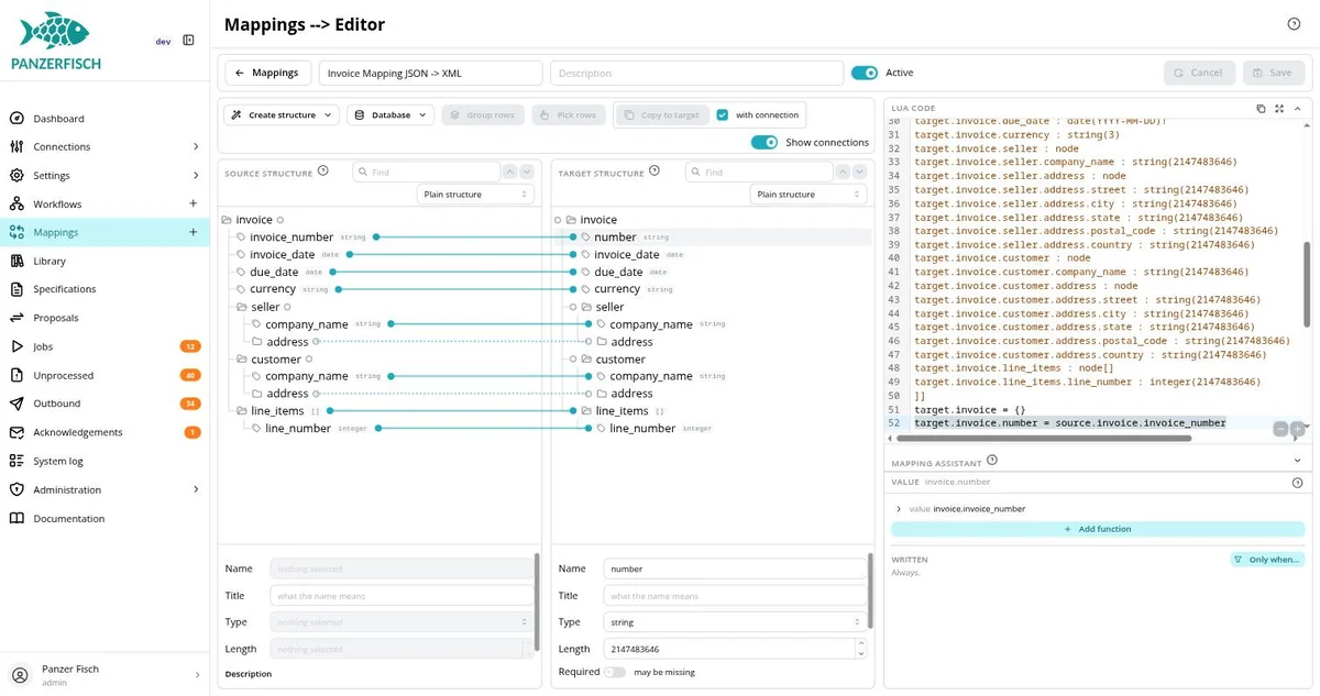 The mapping editor: the structure of the incoming message on the left, the structure to be written on the right, lines between the fields that are connected, and the same mapping as LUA code beside them.